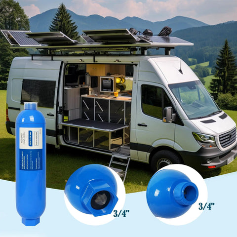 RV Inline Water Filter 2 Pack With Flexible Hose Guards in blue, ideal for campers and trailers, shown with van setup.