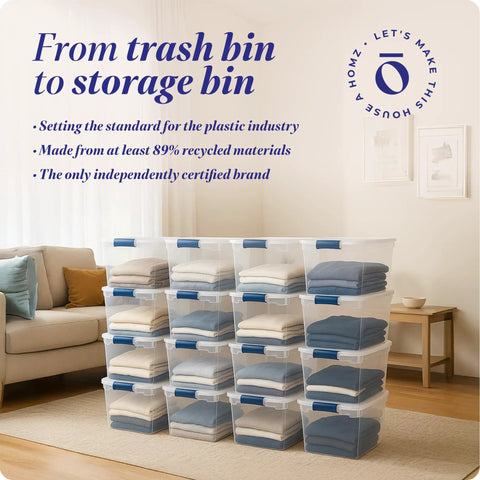 Heavy Duty Clear Plastic Storage Totes Set Of 16 31 Quart Stackable Bins With Latching And Locking Lids For Holiday Decor Linens Clothes And Crafts Plus Easy Carry Handles For Quick Organization stacked and filled with linens in a living room.