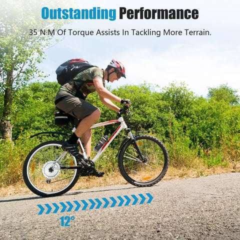 Cyclist using a 24 Inch Electric Bicycle Conversion Kit with 750W Front Wheel, 35Nm Torque, outdoors on a road.