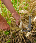Person using Durable Stainless Steel Hand Sickle Garden Tool With Hard Wood Handle For Easy Weeding, Soil Loosening, Cultivation And Mowing.