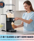 Woman using 2 In 1 Slushie Machine And Soft Serve Ice Cream Maker With Six Auto Presets No Ice Needed to serve ice cream.
