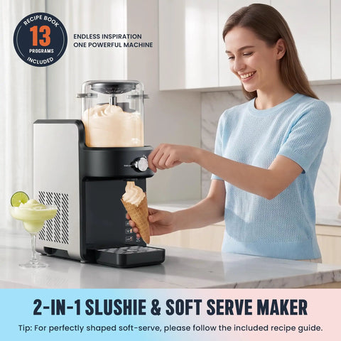Woman using 2 In 1 Slushie Machine And Soft Serve Ice Cream Maker With Six Auto Presets No Ice Needed to serve ice cream.