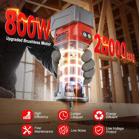 Heavy Duty Cordless Palm Router With A Beefy 800W Brushless Motor Churning Up To 28000 Rpm For Fast Woodworking Cuts in use.