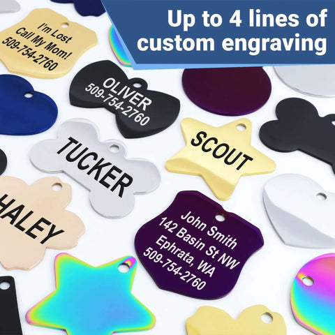 Various stainless steel pet ID tags with custom engraving in bone, round, heart, and bowtie shapes, showcasing contact details.