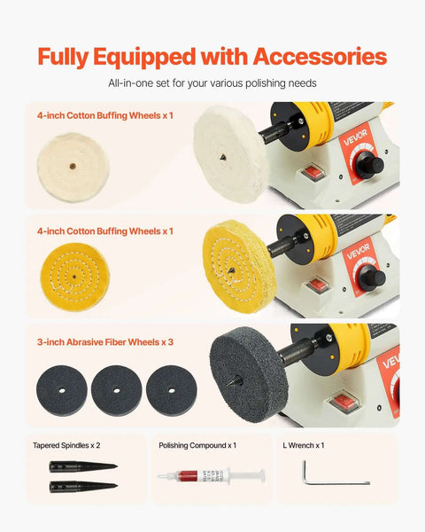Benchtop Buffer Polisher With Half Horsepower Motor And 0 To 8000 RPM Adjustable Speed Heavy Duty Polish And Buffing Machine includes cotton and fiber wheels, accessories.