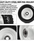 12 Inch Flat Free Solid Tire And Wheel Set For Trailer Dollies And Utility Carts With Centered Hub Size Three And Three Quarters Inch And One Inch Bore Fits 25mm Axle Shaft Replacement Heavy Duty, front and side view