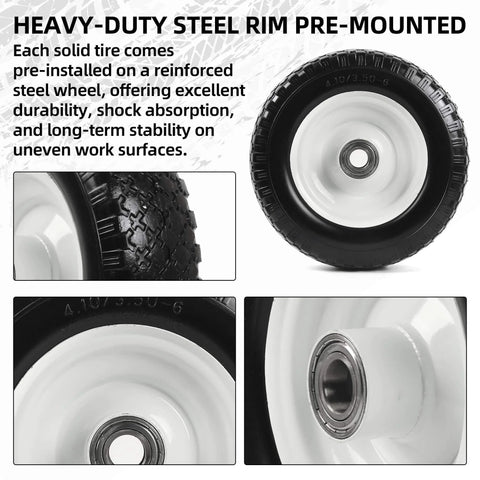 12 Inch Flat Free Solid Tire And Wheel Set For Trailer Dollies And Utility Carts With Centered Hub Size Three And Three Quarters Inch And One Inch Bore Fits 25mm Axle Shaft Replacement Heavy Duty, front and side view