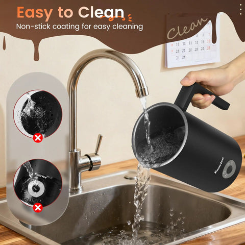 4-In-1 Electric Milk Frother And Steamer For Home Barista Vibes With Easy To Clean Feature Shown Being Rinsed Under Faucet