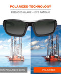 Skullerz Odin Polarized Safety Sunglasses Black Frame Smoke Lens showing non-polarized vs polarized glare reduction effect on ocean