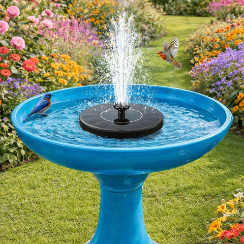 Floating Solar Fountain Kit With Six Nozzles And Four Fixed Pipes, Solar Water Pump For Bird Bath, Garden, Pond Or Pool, Starts In About Three Seconds, No Batteries, Eco Friendly, Low Maintenance in a blue bird bath with birds.