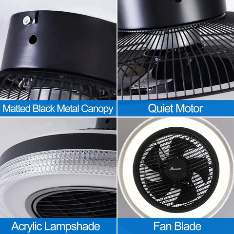 Bladeless Ceiling Fan With Lights Remote Control 21 Inch shown with black canopy, quiet copper motor, acrylic lampshade, fan blade.
