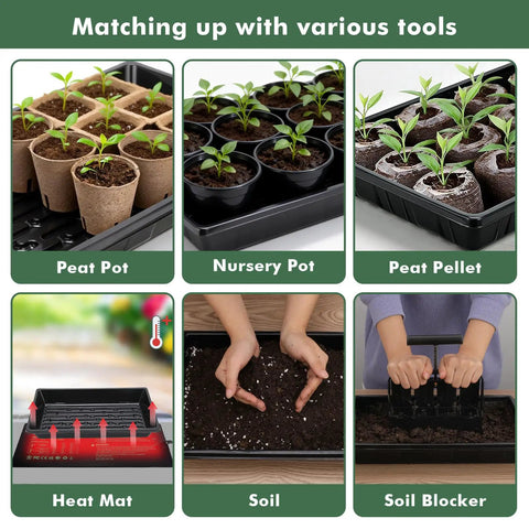 Upgraded 10 Pack Plant Growing Trays For Seed Starting And Microgreens No Holes No Leakage Durable Reusable Plastic tray with pots and soil tools