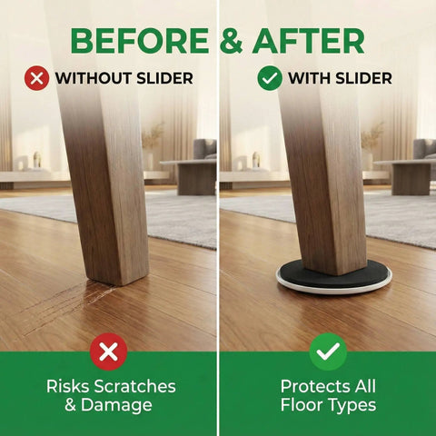 Eight Pack Extra Large Furniture Sliders For Carpet And Hardwood Floors Heavy Duty Reusable Gliders shown before and after use on floor.