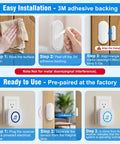 Wireless Door Chime Alarm System With Adjustable Volume And 500 Ft Indoor Range Includes 5 Magnetic Door Sensors And 2 Plug In Receivers Perfect Home Or Small Office Alert Kit No Fuss Setup being installed on wooden door and electrical outlet.