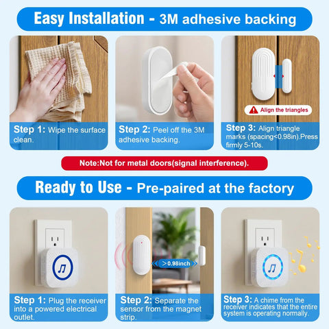 Wireless Door Chime Alarm System With Adjustable Volume And 500 Ft Indoor Range Includes 5 Magnetic Door Sensors And 2 Plug In Receivers Perfect Home Or Small Office Alert Kit No Fuss Setup being installed on wooden door and electrical outlet.