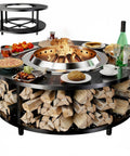 41 Inch Fire Pit Surround Tabletop With Wood Storage Shelf And Powder Coated Steel Surround, showcasing dining setup.