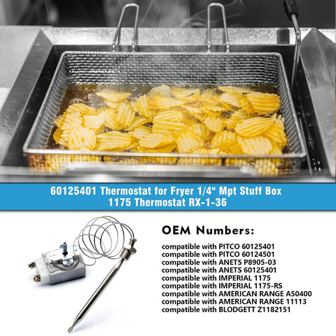 Heavy Duty Deep Fryer Thermostat RX-1-36 Replacement For Pitco 60125401 And Royal Range 3113 with fries in fryer basket