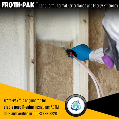 Top Shelf Closed Cell Spray Foam Insulation Kit Two Component Polyurethane Sealer With 15 Ft Hose application on wall cavity.