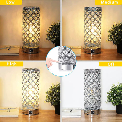 Crystal Table Lamp With 3 Way Dimmable Touch Control, Wireless Charging Pad And Dual USB Ports, showing different brightness levels