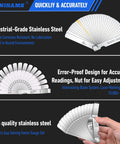 Front view of SLNIHAMS stainless steel feeler gauge with 32 blades and 16 offset blades, SAE/Metric markings