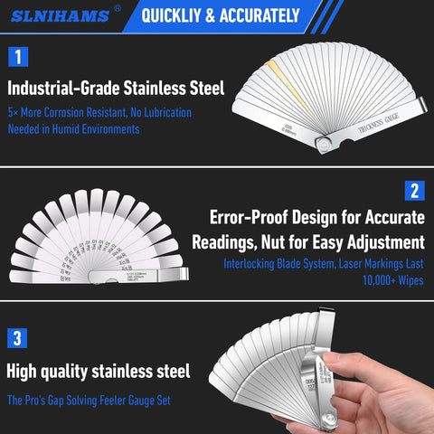 Front view of SLNIHAMS stainless steel feeler gauge with 32 blades and 16 offset blades, SAE/Metric markings