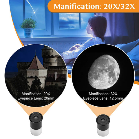 Portable Telescope For Kids And Astronomy Beginners 40 By 400 With Tabletop Tripod And Two Eyepieces Finderscope Compass Space Gift For Stargazing For Night Sky Observation. 20x and 32x eyepieces shown with moon and building views