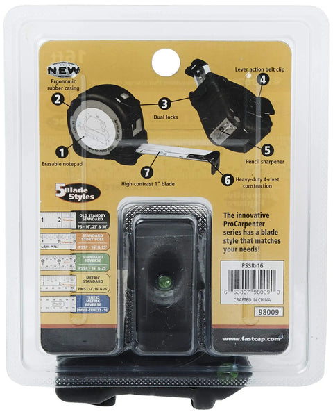 16 Foot Pro Carpenter Reverse Measuring Tape With Easy Read Fractions To 1/16 Inch From Either Hand Built In Pencil Sharpener Protective Rubber Boot Erasable Notepad And Tough Case packaging description.