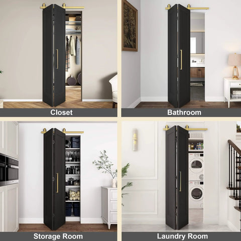 36 Inch By 84 Inch Bi-Fold Barn Door With Brushed Gold Hardware Kit in Textured Black installed in closets and laundry rooms