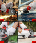 Cordless angle grinder, red body with gray head; collage showing metal cutting, grinding, polishing, and wood grinding.