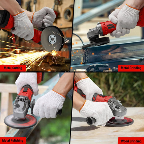 Cordless angle grinder, red body with gray head; collage showing metal cutting, grinding, polishing, and wood grinding.