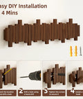 Natural Walnut Wooden Piano Coat Rack Wall Mounted with installation steps and materials shown for easy setup.