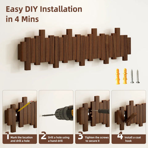 Natural Walnut Wooden Piano Coat Rack Wall Mounted with installation steps and materials shown for easy setup.