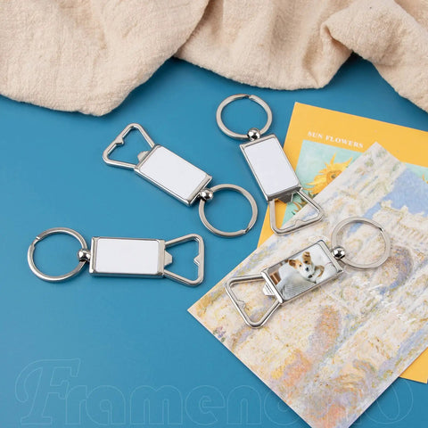 10 Pack Sublimation Blanks Keychains Aluminum Bottle Opener Transfer Key Rings For Custom DIY Gifts And Dope Crafts on table