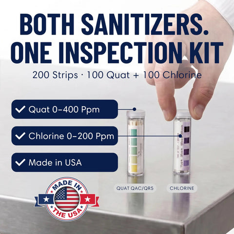 Dual Sanitizer Test Kit for Commercial Kitchens with 200 Strips, Quat 0-400PPM and Chlorine 0-200PPM, Pro-Grade Food Service Testing for Bars, Restaurants, and Cafes, with two test tubes