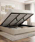Heavy Duty King Size Upholstered Bed Frame Boasting Smooth Hydraulic Gas Lift revealing hidden storage with plush beige linen cushioning.
