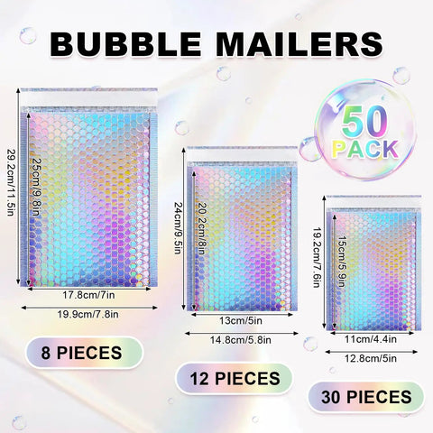 Metallic Holographic Bubble Mailers Set Of Fifty In Three Size Options With Waterproof Self Seal Adhesive Foil Glitter Shipping Bags