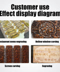 Customer use display of detailed wood carving projects including restaurant menu engraving and hollow window designs.