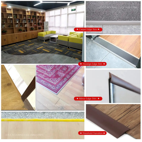 Collage showing 10ft Self Adhesive Floor Transition Strip For Carpet To Vinyl And Laminate Edges, Threshold Reducer Cover, 35mm wide trim detail.
