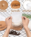 Hands placing filters in Rustic Glass Coffee Filter Holder With Lid, Easy Access Storage Dispenser For Counter, Go To Coffee Filter Organizer Basket, Durable Glass Container For Coffee Bar Decor And Daily Brewing Needs.