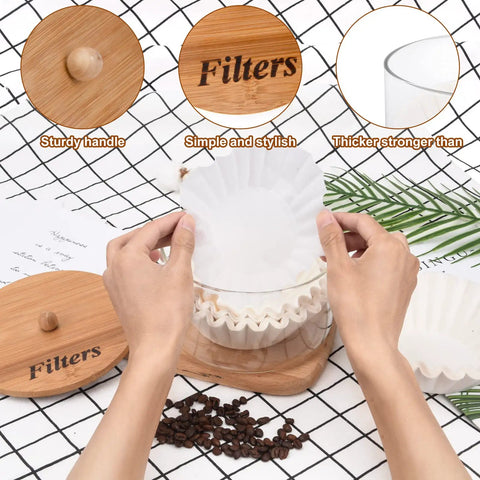 Hands placing filters in Rustic Glass Coffee Filter Holder With Lid, Easy Access Storage Dispenser For Counter, Go To Coffee Filter Organizer Basket, Durable Glass Container For Coffee Bar Decor And Daily Brewing Needs.