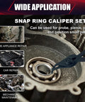 Snap ring caliper tool in use on machinery for home appliance repair, car repair, and mechanical maintenance applications.