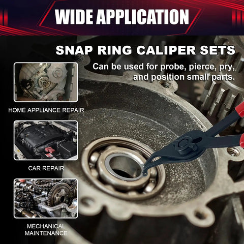 Snap ring caliper tool in use on machinery for home appliance repair, car repair, and mechanical maintenance applications.
