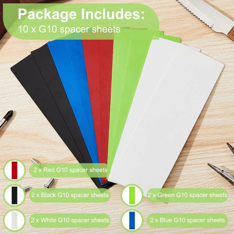 Package of 10 G10 Knife Handle Spacer Sheets in black, blue, red, green, and white, 6.3 x 2 x 0.04 in, for knife making.