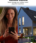Woman using phone to control Outdoor Smart Plug IP44 With Dual Independent Outlets, Alexa and Google Assistant compatible