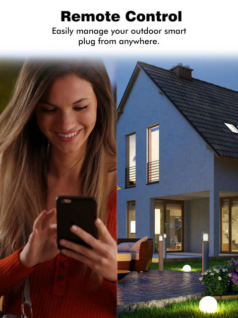 Woman using phone to control Outdoor Smart Plug IP44 With Dual Independent Outlets, Alexa and Google Assistant compatible
