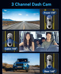 Three Channel 4K Front Dash Cam With Interior And Rear 1080P Cameras Night Vision view from front, cabin, and rear angles.