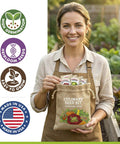 Woman holding Heirloom Vegetable And Herb Seed Pack With 30 Non GMO Seeds For Planting Seed Kit With Tools Made In USA.