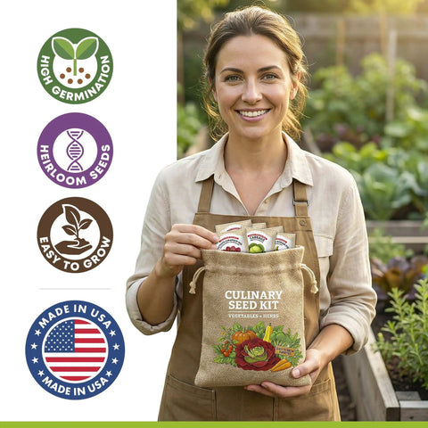 Woman holding Heirloom Vegetable And Herb Seed Pack With 30 Non GMO Seeds For Planting Seed Kit With Tools Made In USA.
