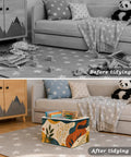 Boho Abstract Botanical Foldable Storage Bins for Home Organization Collapsible Fabric Cubes next to sofa holding toys and crafts.