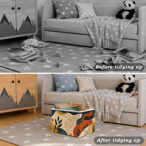 Boho Abstract Botanical Foldable Storage Bins for Home Organization Collapsible Fabric Cubes next to sofa holding toys and crafts.
